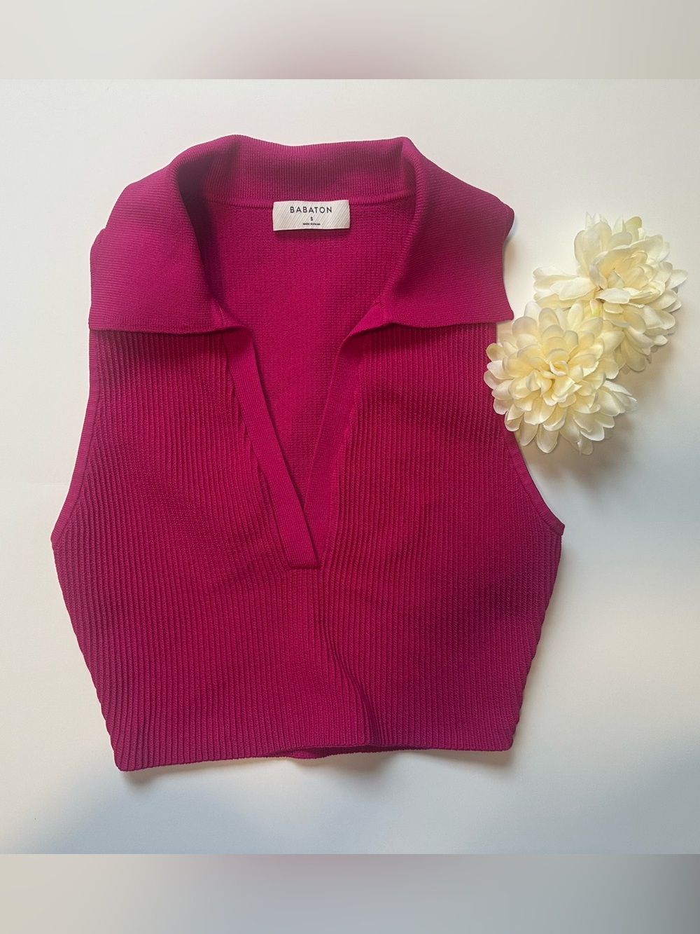 Babaton Magenta Ribbed Sleeveless Polo Tank